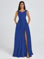 A-line V-neck Pleated Floor-Length Satin Bridesmaid Dress