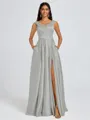 A-line V-neck Pleated Floor-Length Satin Bridesmaid Dress