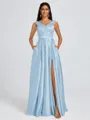 A-line V-neck Pleated Floor-Length Satin Bridesmaid Dress
