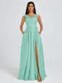 A-line V-neck Pleated Floor-Length Satin Bridesmaid Dress