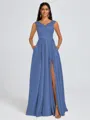 A-line V-neck Pleated Floor-Length Satin Bridesmaid Dress
