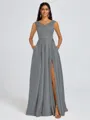 A-line V-neck Pleated Floor-Length Satin Bridesmaid Dress