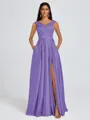 A-line V-neck Pleated Floor-Length Satin Bridesmaid Dress