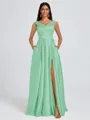 A-line V-neck Pleated Floor-Length Satin Bridesmaid Dress