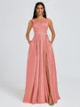 A-line V-neck Pleated Floor-Length Satin Bridesmaid Dress
