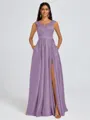 A-line V-neck Pleated Floor-Length Satin Bridesmaid Dress
