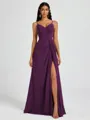A-line V-neck Pleated Floor-Length Chiffon Bridesmaid Dress