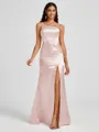 Sheath One-Shoulder Pleated Floor-Length Silk Like Satin Bridesmaid Dress
