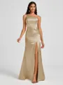 Sheath One-Shoulder Pleated Floor-Length Silk Like Satin Bridesmaid Dress