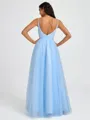 A-line V-neck Pleated Floor-Length Tulle Bridesmaid Dress