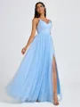 A-line V-neck Pleated Floor-Length Tulle Bridesmaid Dress