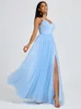A-line V-neck Pleated Floor-Length Tulle Bridesmaid Dress