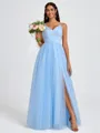 A-line V-neck Pleated Floor-Length Tulle Bridesmaid Dress