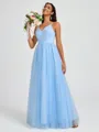 A-line V-neck Pleated Floor-Length Tulle Bridesmaid Dress