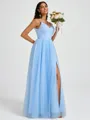 A-line V-neck Pleated Floor-Length Tulle Bridesmaid Dress