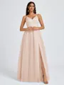 A-line V-neck Pleated Floor-Length Tulle Bridesmaid Dress