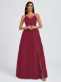 A-line V-neck Pleated Floor-Length Tulle Bridesmaid Dress