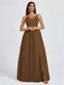 A-line V-neck Pleated Floor-Length Tulle Bridesmaid Dress