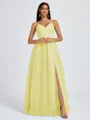 A-line V-neck Pleated Floor-Length Tulle Bridesmaid Dress