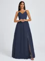 A-line V-neck Pleated Floor-Length Tulle Bridesmaid Dress