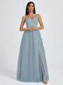 A-line V-neck Pleated Floor-Length Tulle Bridesmaid Dress