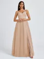 A-line V-neck Pleated Floor-Length Tulle Bridesmaid Dress