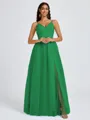 A-line V-neck Pleated Floor-Length Tulle Bridesmaid Dress