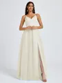 A-line V-neck Pleated Floor-Length Tulle Bridesmaid Dress