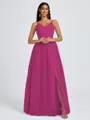 A-line V-neck Pleated Floor-Length Tulle Bridesmaid Dress