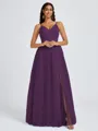 A-line V-neck Pleated Floor-Length Tulle Bridesmaid Dress