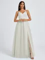 A-line V-neck Pleated Floor-Length Tulle Bridesmaid Dress