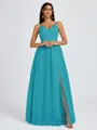 A-line V-neck Pleated Floor-Length Tulle Bridesmaid Dress
