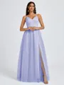 A-line V-neck Pleated Floor-Length Tulle Bridesmaid Dress