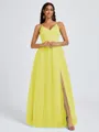 A-line V-neck Pleated Floor-Length Tulle Bridesmaid Dress