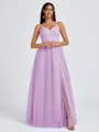 A-line V-neck Pleated Floor-Length Tulle Bridesmaid Dress
