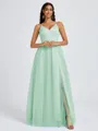 A-line V-neck Pleated Floor-Length Tulle Bridesmaid Dress