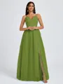 A-line V-neck Pleated Floor-Length Tulle Bridesmaid Dress
