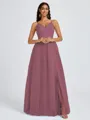 A-line V-neck Pleated Floor-Length Tulle Bridesmaid Dress