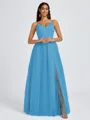A-line V-neck Pleated Floor-Length Tulle Bridesmaid Dress