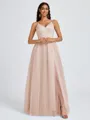 A-line V-neck Pleated Floor-Length Tulle Bridesmaid Dress