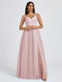 A-line V-neck Pleated Floor-Length Tulle Bridesmaid Dress