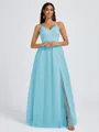 A-line V-neck Pleated Floor-Length Tulle Bridesmaid Dress