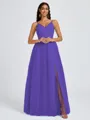 A-line V-neck Pleated Floor-Length Tulle Bridesmaid Dress
