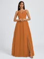 A-line V-neck Pleated Floor-Length Tulle Bridesmaid Dress