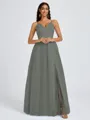 A-line V-neck Pleated Floor-Length Tulle Bridesmaid Dress