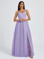 A-line V-neck Pleated Floor-Length Tulle Bridesmaid Dress