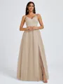 A-line V-neck Pleated Floor-Length Tulle Bridesmaid Dress