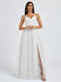 A-line V-neck Pleated Floor-Length Tulle Bridesmaid Dress