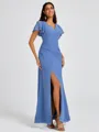 A-line V-neck Short Sleeves Pleated Floor-Length Chiffon Bridesmaid Dress