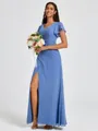 A-line V-neck Short Sleeves Pleated Floor-Length Chiffon Bridesmaid Dress